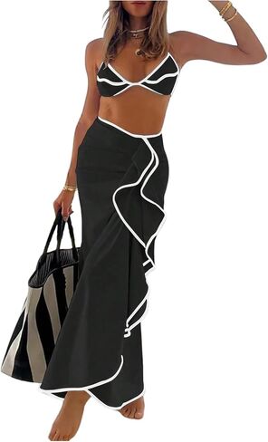 SHENHE Women's String Bikini Set 3 Piece Triangle Halter Colorblock Swimsuits with Cover Up Skirt in Saudi Arabia