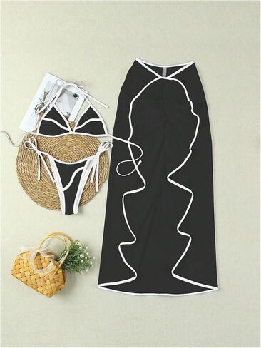 SHENHE Women's String Bikini Set 3 Piece Triangle Halter Colorblock Swimsuits with Cover Up Skirt in Saudi Arabia