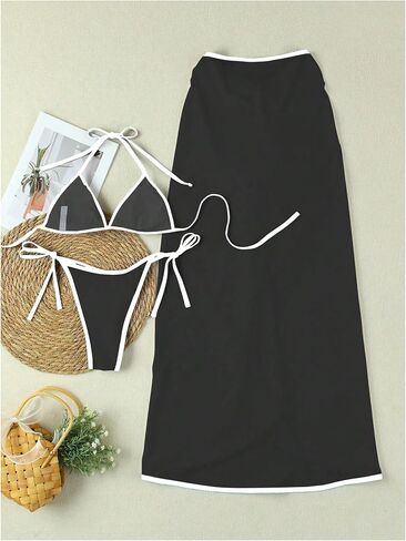 SHENHE Women's String Bikini Set 3 Piece Triangle Halter Colorblock Swimsuits with Cover Up Skirt in Saudi Arabia