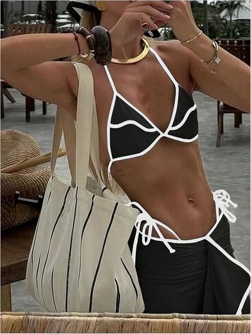 SHENHE Women's String Bikini Set 3 Piece Triangle Halter Colorblock Swimsuits with Cover Up Skirt in Saudi Arabia