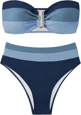 SweatyRocks Women's High Waisted Bikini Sets Color Block Strapless Bathing Suit Bandeau Swimsuits in Saudi Arabia