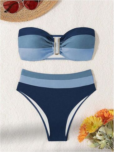 SweatyRocks Women's High Waisted Bikini Sets Color Block Strapless Bathing Suit Bandeau Swimsuits in Saudi Arabia