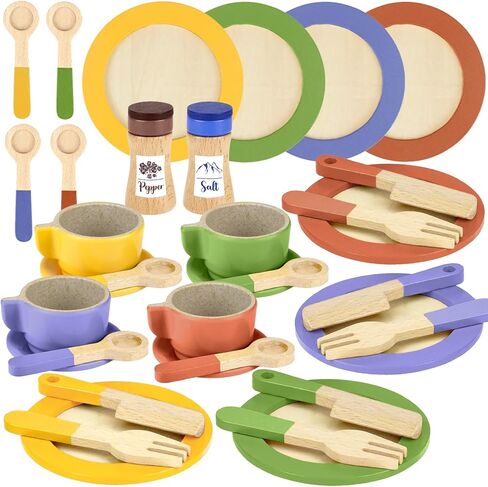Wooden Play Dishes and Plates for Kids Kitchen Set Accessories for Toddlers 1-3 Cooking Toys Tea Cups for Kids Kitchen Birthday Gift for 3 4 5 Year Old Boys Girls in Kuwait