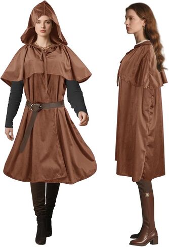 Renaissance Women Men Hooded Cape with Vintage Belt Medieval Cloak Hobbit Halloween Costume in Kuwait
