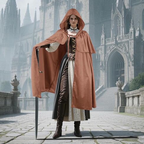 Renaissance Women Men Hooded Cape with Vintage Belt Medieval Cloak Hobbit Halloween Costume in Kuwait