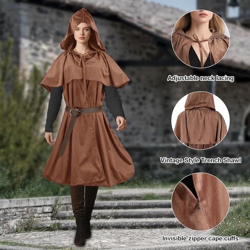 Renaissance Women Men Hooded Cape with Vintage Belt Medieval Cloak Hobbit Halloween Costume in Kuwait