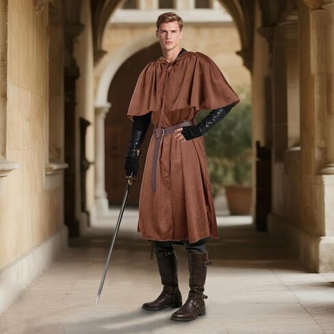 Renaissance Women Men Hooded Cape with Vintage Belt Medieval Cloak Hobbit Halloween Costume in Kuwait
