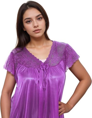 Nightgown for Women with Cap Sleeves Silky Feeling and Floral Lace Design in Kuwait