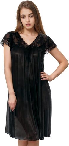 Nightgown for Women with Cap Sleeves Silky Feeling and Floral Lace Design in Kuwait