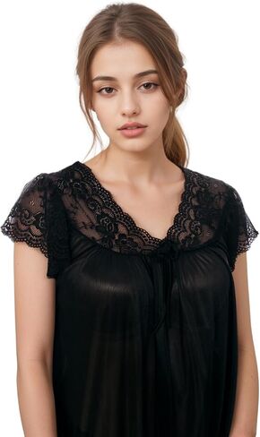 Nightgown for Women with Cap Sleeves Silky Feeling and Floral Lace Design in Kuwait