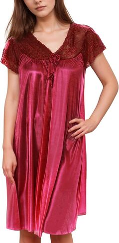 Nightgown for Women with Cap Sleeves Silky Feeling and Floral Lace Design in Kuwait
