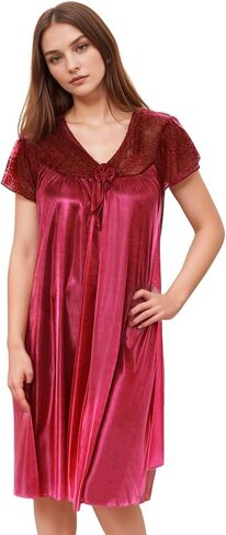 Nightgown for Women with Cap Sleeves Silky Feeling and Floral Lace Design in Kuwait