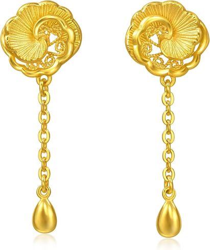Sang Sang Sang 999.9 24K الذهب الصلب الزفاف الصيني Camellia Bloom Dangle أقراط للنساء 95839E in Saudi Arabia
