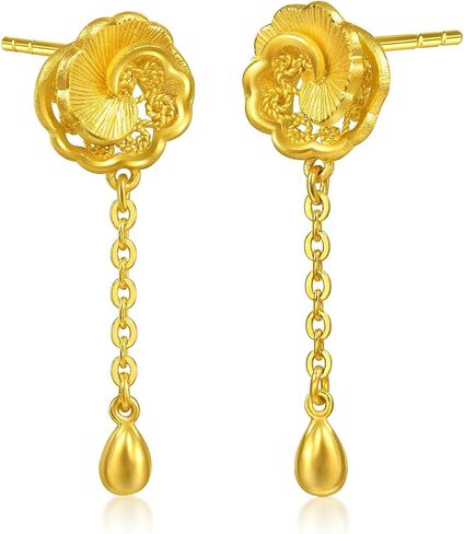 Sang Sang Sang 999.9 24K الذهب الصلب الزفاف الصيني Camellia Bloom Dangle أقراط للنساء 95839E in Saudi Arabia