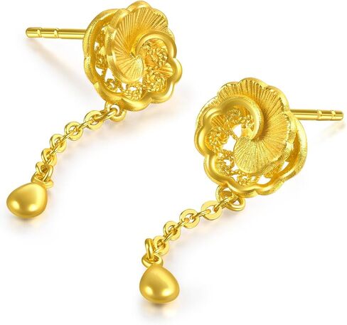 Sang Sang Sang 999.9 24K الذهب الصلب الزفاف الصيني Camellia Bloom Dangle أقراط للنساء 95839E in Saudi Arabia