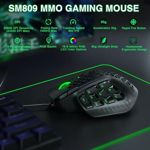 SOLAKAKA SM809 MMO Gaming Mouse Wired RGB with 9 Side Buttons,24000 DPI High Precision Sensor Optical Ergonomic Gamer Mouse,16 Programmable Custom Macro Shortcuts Remapping PC Gaming Mice for FPS MOBA in Kuwait