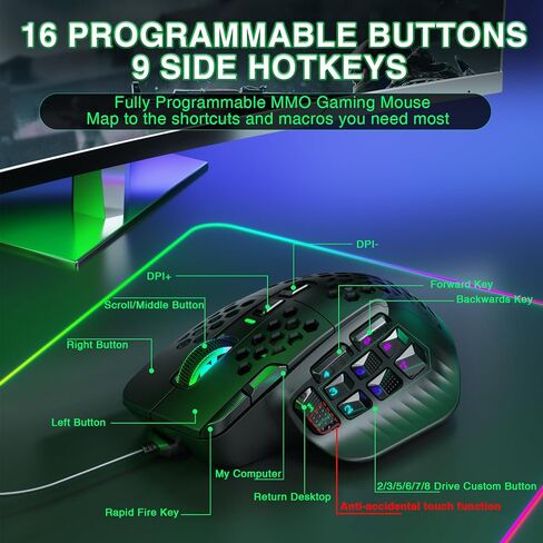 SOLAKAKA SM809 MMO Gaming Mouse Wired RGB with 9 Side Buttons,24000 DPI High Precision Sensor Optical Ergonomic Gamer Mouse,16 Programmable Custom Macro Shortcuts Remapping PC Gaming Mice for FPS MOBA in Kuwait