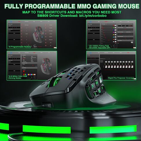 SOLAKAKA SM809 MMO Gaming Mouse Wired RGB with 9 Side Buttons,24000 DPI High Precision Sensor Optical Ergonomic Gamer Mouse,16 Programmable Custom Macro Shortcuts Remapping PC Gaming Mice for FPS MOBA in Kuwait