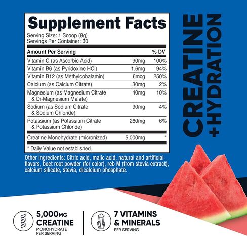 Nutricost الكرياتين أحادي الهيدرات + نكهة البطيخ الترطيب (30 حصص) - 7 فيتامينات ومعادن ، 5000 ملغ من الكرياتين لكل وجبة in Saudi Arabia