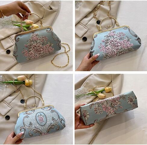 Women Vintage Flower Embroidery Handbag Evening Purse Crossbody Shoulder Bag with Chain Strap in Kuwait