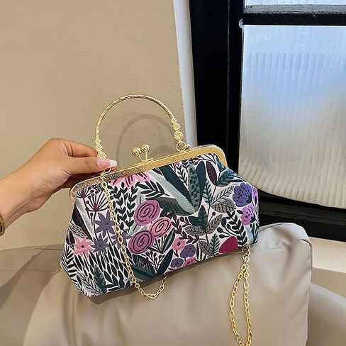 Women Vintage Flower Embroidery Handbag Evening Purse Crossbody Shoulder Bag with Chain Strap in Kuwait