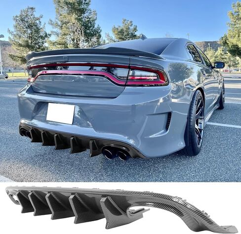 FREEMOTOR802 Compatible with 2015-2023 Dodge Charger Rear Diffuser with LED Light, IKON V3 Style Matte Black Quad Exhaust Tips Rear Bumper Diffuser Lip Shark Fins - PP in Saudi Arabia