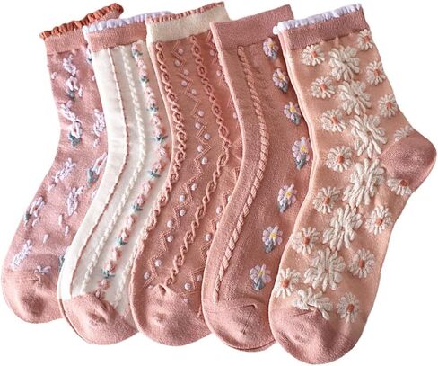 Starella Women Cute Floral Socks Ruffle Frilly Dainty Flower Cotton Calf Dress Sock for Girls 5 Pairs in Saudi Arabia