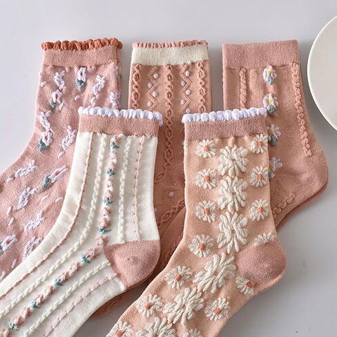 Starella Women Cute Floral Socks Ruffle Frilly Dainty Flower Cotton Calf Dress Sock for Girls 5 Pairs in Saudi Arabia
