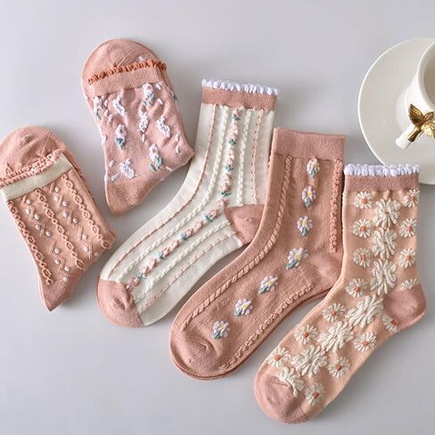 Starella Women Cute Floral Socks Ruffle Frilly Dainty Flower Cotton Calf Dress Sock for Girls 5 Pairs in Saudi Arabia