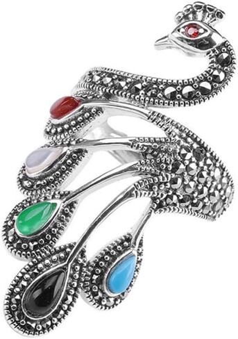 Vintage Peacock Statement Wrap Open Rings 925 Sterling Silver Statement Adjustable Knuckle Middle Rhinestone Bird Animal Band Finger Rings Comfort Fit Boho Delicate Ethnic Style Jewelry for Women in Saudi Arabia