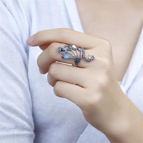Vintage Peacock Statement Wrap Open Rings 925 Sterling Silver Statement Adjustable Knuckle Middle Rhinestone Bird Animal Band Finger Rings Comfort Fit Boho Delicate Ethnic Style Jewelry for Women in Saudi Arabia