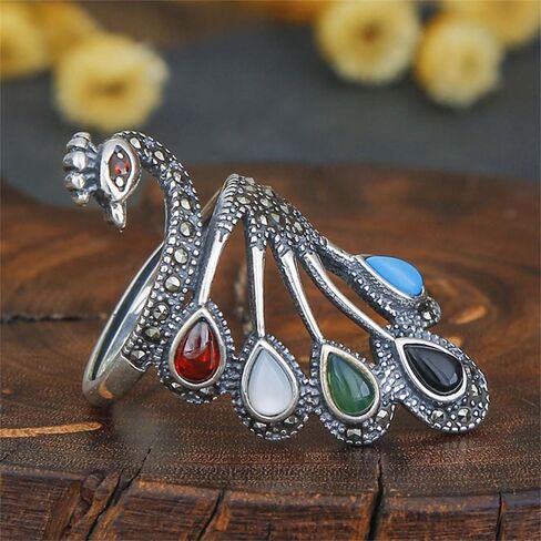 Vintage Peacock Statement Wrap Open Rings 925 Sterling Silver Statement Adjustable Knuckle Middle Rhinestone Bird Animal Band Finger Rings Comfort Fit Boho Delicate Ethnic Style Jewelry for Women in Saudi Arabia