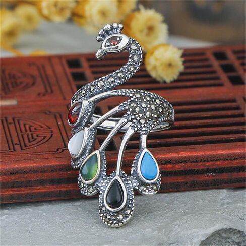 Vintage Peacock Statement Wrap Open Rings 925 Sterling Silver Statement Adjustable Knuckle Middle Rhinestone Bird Animal Band Finger Rings Comfort Fit Boho Delicate Ethnic Style Jewelry for Women in Saudi Arabia