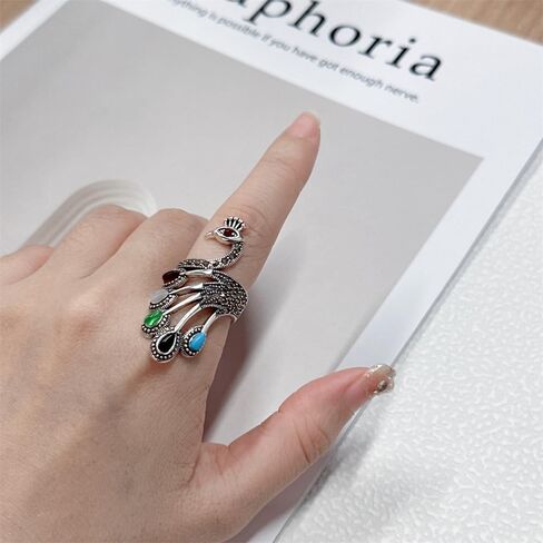 Vintage Peacock Statement Wrap Open Rings 925 Sterling Silver Statement Adjustable Knuckle Middle Rhinestone Bird Animal Band Finger Rings Comfort Fit Boho Delicate Ethnic Style Jewelry for Women in Saudi Arabia