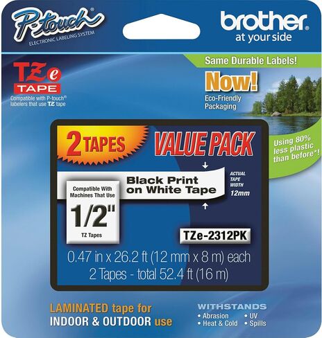 Brother Genuine P-Touch Tze Black Print on White Label Tape (TZES231) ، لاصق قوي ، 1/2 بوصة × 26.2 قدم (12 مم × 8M) ، لصناع الملصقات P-Touch ، مقاوم للماء ، وقوة إضافية in Kuwait