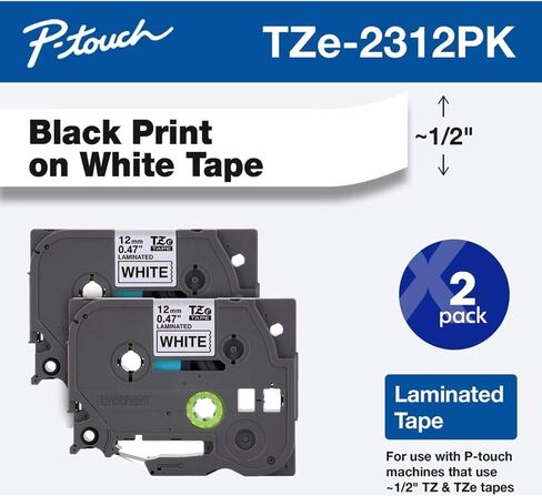 Brother Genuine P-Touch Tze Black Print on White Label Tape (TZES231) ، لاصق قوي ، 1/2 بوصة × 26.2 قدم (12 مم × 8M) ، لصناع الملصقات P-Touch ، مقاوم للماء ، وقوة إضافية in Kuwait