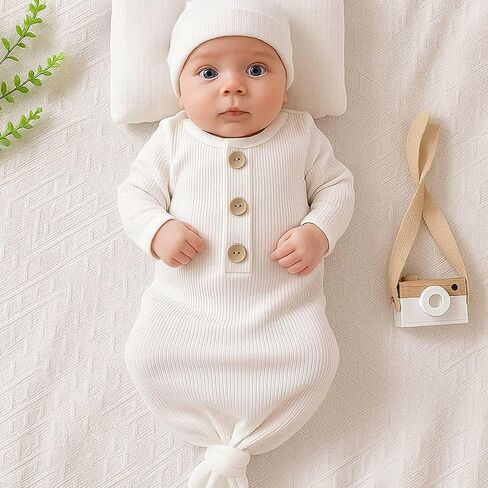 OPAWO ثوب معقود للأطفال حديثي الولادة النائمون طفل رضيع قادم إلى المنزل، فساتين أطفال من الخيزران الفسكوز مع أصفاد قفاز ومجموعة قبعة in Kuwait