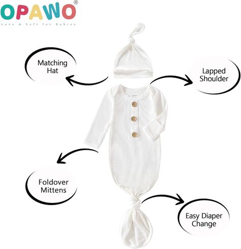 OPAWO ثوب معقود للأطفال حديثي الولادة النائمون طفل رضيع قادم إلى المنزل، فساتين أطفال من الخيزران الفسكوز مع أصفاد قفاز ومجموعة قبعة in Kuwait