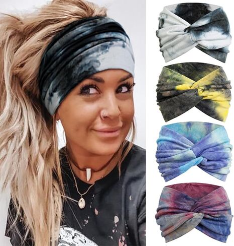 Tobeffect Floral Bandana Headbands for Women, 4 Packs Extra Wide Trendy Knotted Head Bands for Women's Hair, Boho Turban Hairbands Casual Sport Hair Accessories for Workout Yoga in Kuwait