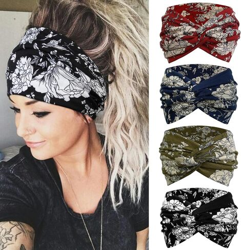 Tobeffect Floral Bandana Headbands for Women, 4 Packs Extra Wide Trendy Knotted Head Bands for Women's Hair, Boho Turban Hairbands Casual Sport Hair Accessories for Workout Yoga in Kuwait