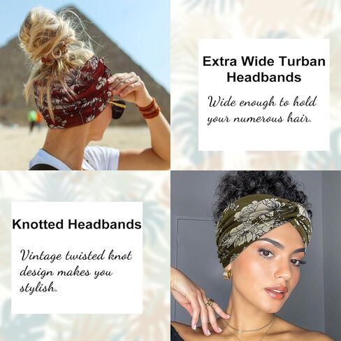 Tobeffect Floral Bandana Headbands for Women, 4 Packs Extra Wide Trendy Knotted Head Bands for Women's Hair, Boho Turban Hairbands Casual Sport Hair Accessories for Workout Yoga in Kuwait