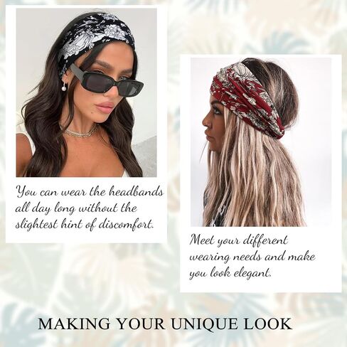 Tobeffect Floral Bandana Headbands for Women, 4 Packs Extra Wide Trendy Knotted Head Bands for Women's Hair, Boho Turban Hairbands Casual Sport Hair Accessories for Workout Yoga in Kuwait