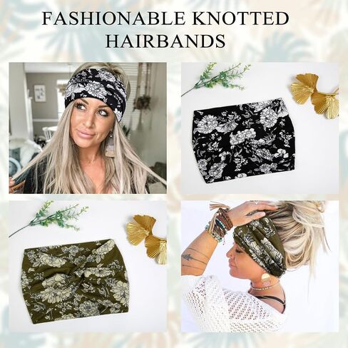 Tobeffect Floral Bandana Headbands for Women, 4 Packs Extra Wide Trendy Knotted Head Bands for Women's Hair, Boho Turban Hairbands Casual Sport Hair Accessories for Workout Yoga in Kuwait
