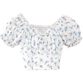 Floerns Girl's Summer Floral Puff Sleeve T Shirts Frill Trim Bow Front Crop Tops in Kuwait