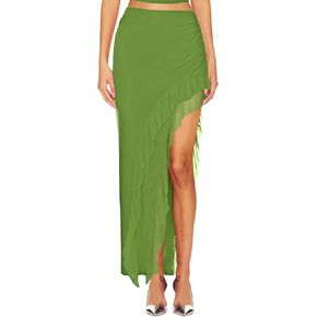 WISFRUIT Women's Sexy Ruched Mesh Skirt High Waisted Asymmetrical Flowy Ruffle Bodycon Long Skirts in Kuwait