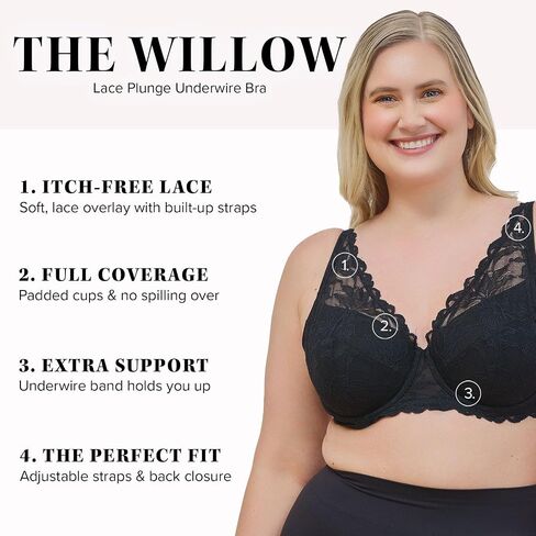 Leading Lady, The Willow, Underwire Bra for Women, Lace Design, Adjustable Straps, Foam Cups, Full Coverage, Plunge Bra in Saudi Arabia