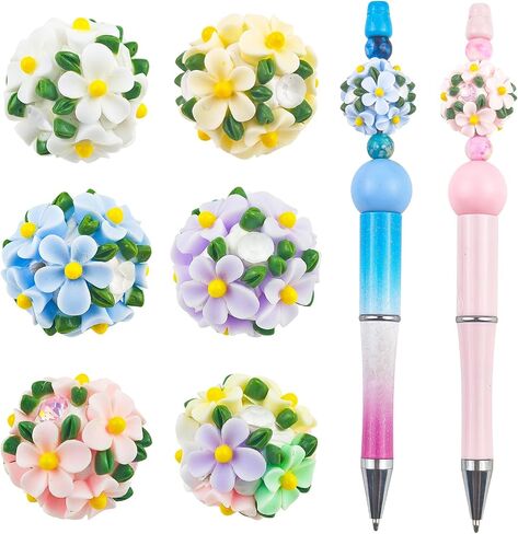 12Pcs 20mm Flower Ball Beads for Beadable Pens Colorful Rose with Diamond Beads Polymer Clay Flower Spacer Craft Beads for DIY Craft Beadable Pens Bracelet Necklace Earrings Keychain Jewelry Making in Kuwait