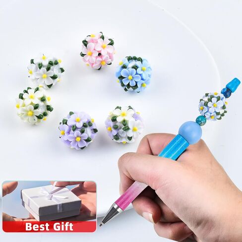 12Pcs 20mm Flower Ball Beads for Beadable Pens Colorful Rose with Diamond Beads Polymer Clay Flower Spacer Craft Beads for DIY Craft Beadable Pens Bracelet Necklace Earrings Keychain Jewelry Making in Kuwait