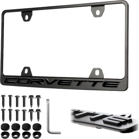 Corvette License Frame – Stealth Black Powder Coat UV Resistant Rust-Proof Steel Plate Holder - One Piece - Compatible with Chevrolet Corvette Chevy C5 C6 C7 C8 (3D RAISED LETTERS w/ MOUNT HARDWARE) in Saudi Arabia