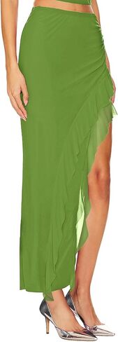 WISFRUIT Women's Sexy Ruched Mesh Skirt High Waisted Asymmetrical Flowy Ruffle Bodycon Long Skirts in Kuwait